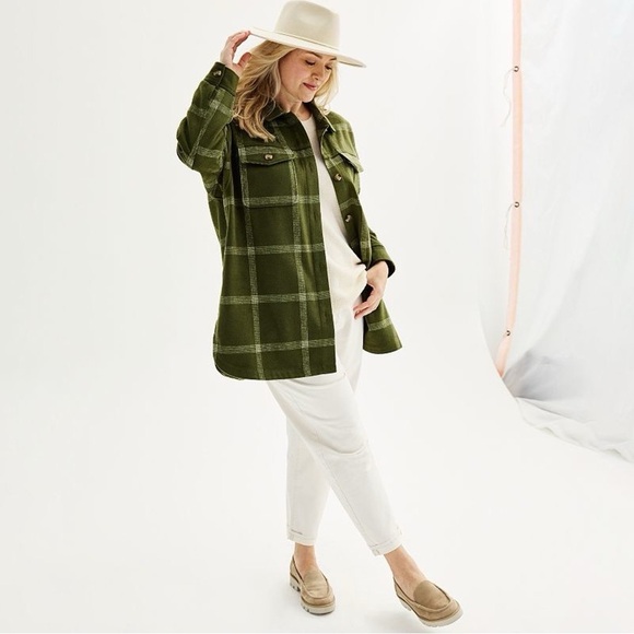 Sonoma Heavyweight Brushed Flannel Shacket Olive Green Plaid Size 2XL women’s - Picture 2 of 14
